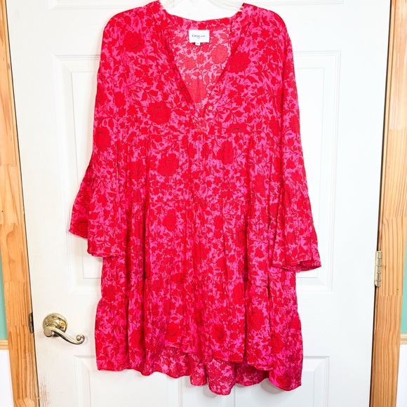 Choklate Paris Pink Red Floral Flare Long Sleeve Dress Size M - Picture 1 of 11